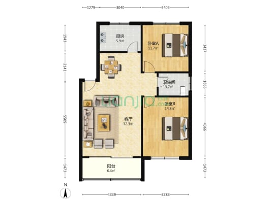 市体育局宿舍 2室1厅1卫 87平方