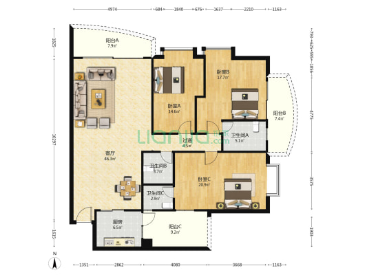 荔建花园 3室1厅3卫 173平方