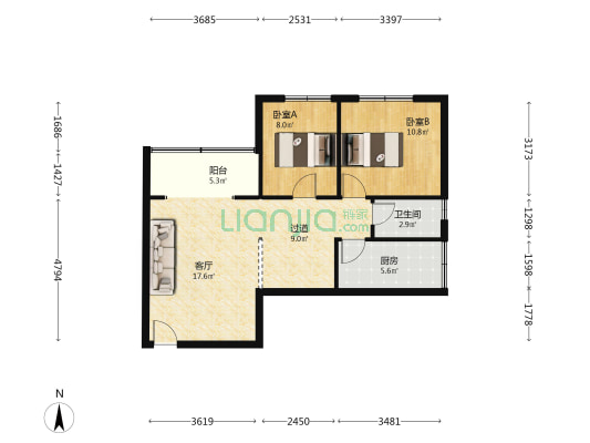 礼贤苑 2室1厅1卫 69平方