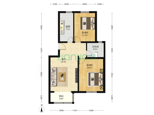 康营家园B区 2室1厅1卫 86平方