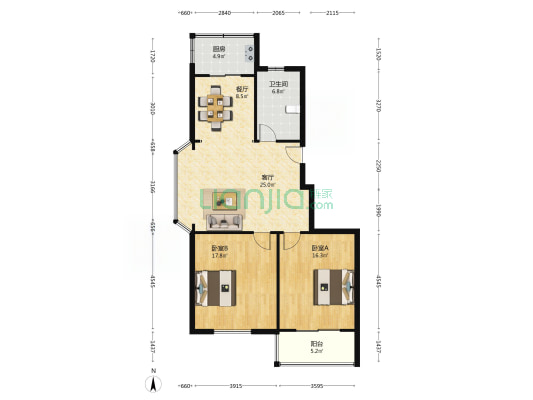 通达银座 2室2厅1卫 107平方