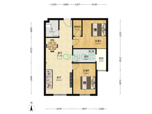 铂钥中心 2室2厅1卫 96平方