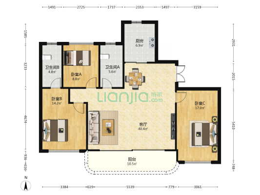 光谷洺悦天玺 3室1厅2卫 141平方