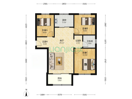 乐居湖畔静园 3室1厅1卫 105平方