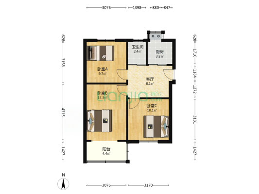 湖南路20号 3室1厅1卫 63平方