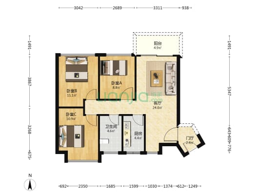 领峰杰筑 3室1厅1卫 85平方