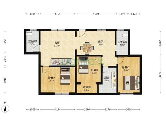 仟村商务大厦 3室2厅2卫 109平方