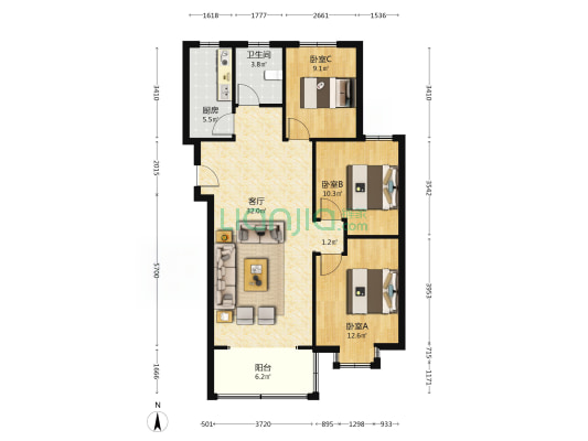 平安D区 3室2厅 南 北-户型图