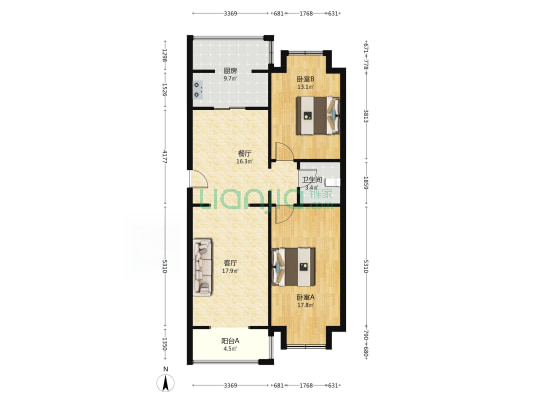 经典版楼，大两居室，满五不唯一，南北通透，格局好。-户型图