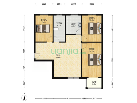 高新区南北通透三居室中高楼层全天采光-户型图