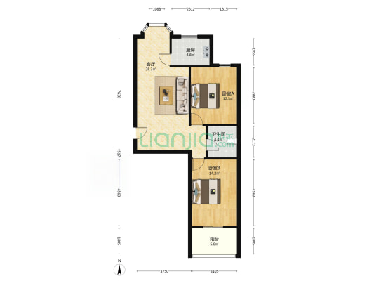 德信公园旁 名流五期 两居南北通透户型， 集体供暖-户型图