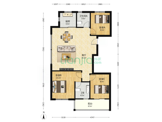 启航城 3室1厅2卫 109平方