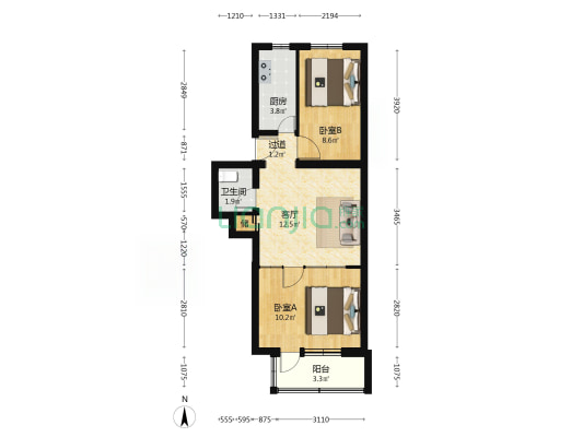 公交党校宿舍 2室1厅1卫 53平方