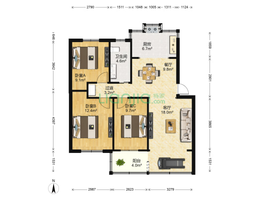 军官住宅小区 3室2厅1卫 90平方