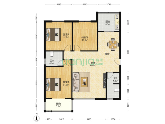 北郊分厂社区 2室1厅2卫 130平方