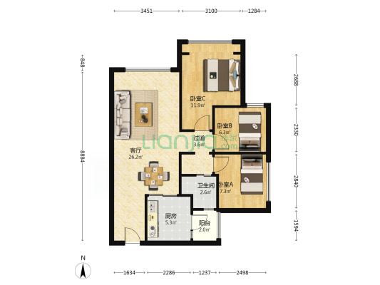 首钢东境风华 3室1厅1卫 87平方