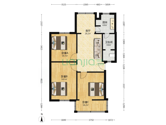 一环路北一段113号 3室1厅1卫 80平方