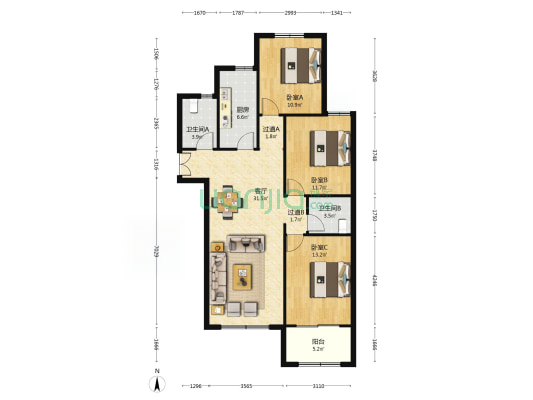 旭辉悦泉府 3室1厅2卫 129平方