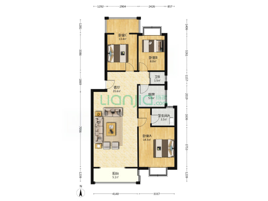 兰花村1期 3室1厅2卫 102平方