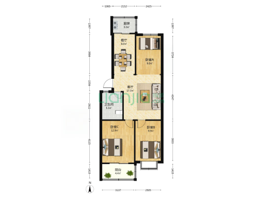 三合小区 3室2厅1卫 90平方