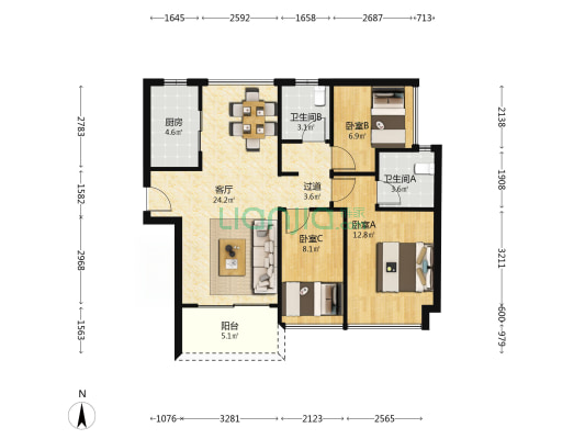 保利堂悦 3室1厅2卫 93平方