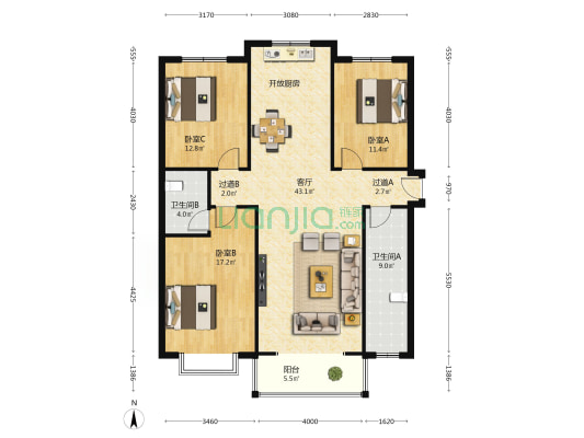 怡和苑东区 3室1厅2卫 136平方
