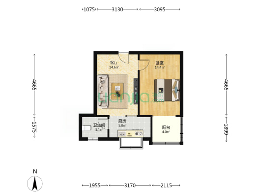 土产宿舍 1室1厅1卫 51平方