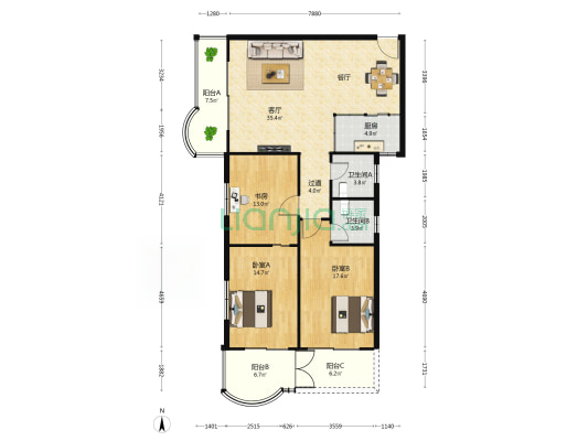 东方旺族 3室1厅2卫 135平方