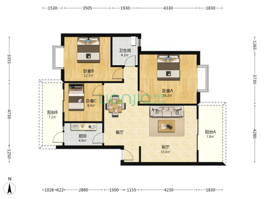 五桂小区 3室1厅1卫 107平方