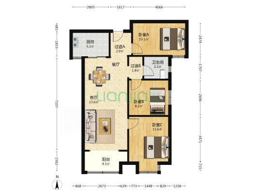 宏府鹍翔荟街区 3室1厅1卫 101平方