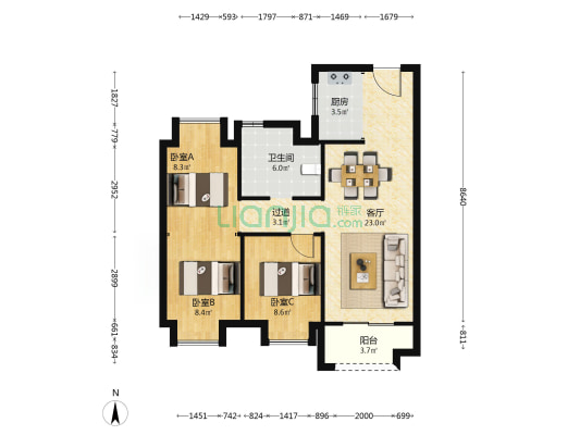 德信时光之宸 3室1厅1卫 88平方
