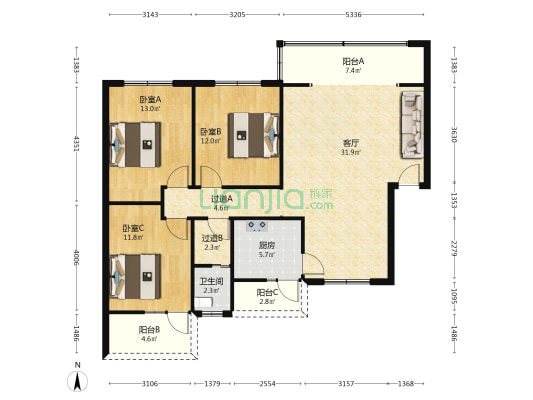 交通局机关大院宿舍 3室1厅1卫 109平方