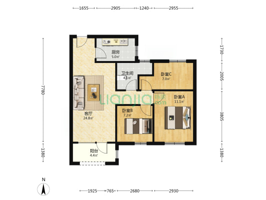 桃源新都孔雀城 3室1厅 南-户型图