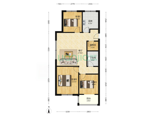 桃源新都孔雀城 3室1厅 南 北-户型图