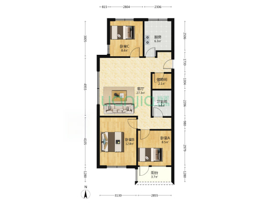 大社区 南北通透 三居室  有房本-户型图