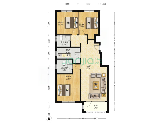 北通透三居室  洋房户型  一梯两户-户型图