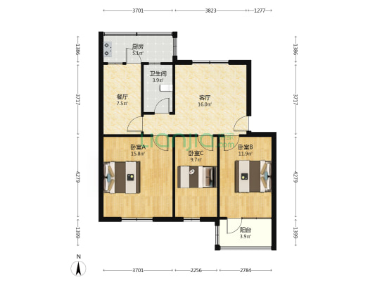 质检站小区 3室2厅 南 北-户型图