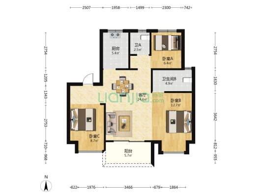 昇园 3室1厅2卫 92平方