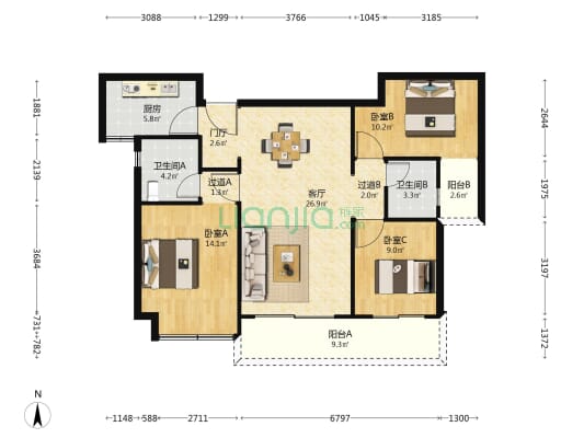 城投阅江逸府 3室1厅2卫 118平方