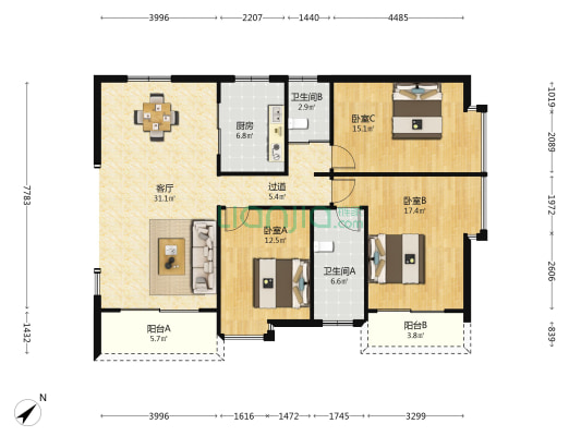 港杏豪庭 3室1厅2卫 109平方