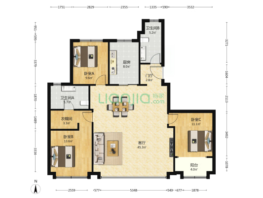 融创望江府一期DK2 3室1厅2卫 142平方