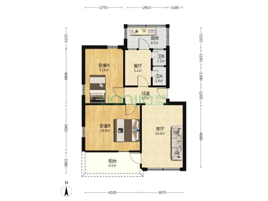 南面小区 2室2厅2卫 72平方