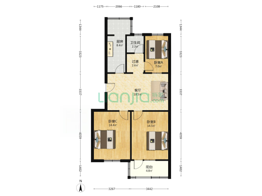 省地税局宿舍 3室1厅1卫 88平方