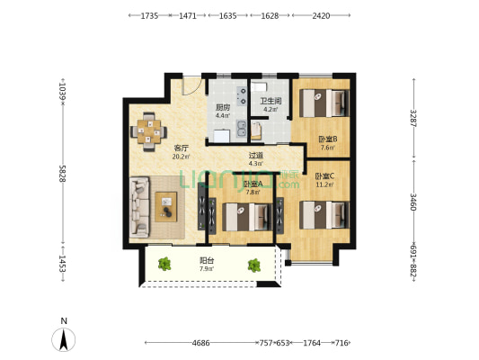 新旅明樾轩 3室1厅1卫 89平方