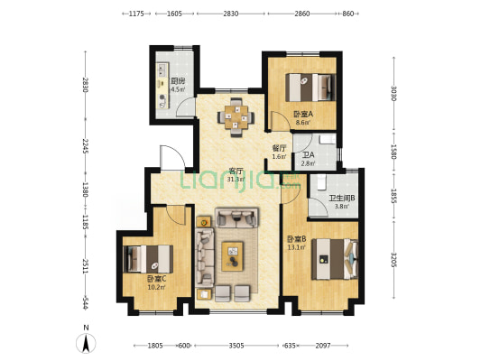 泽信拾光名著 3室2厅2卫 108平方