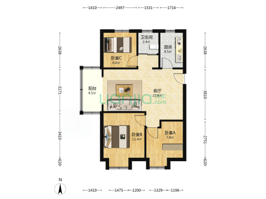 龙誉花园 3室1厅1卫 87平方