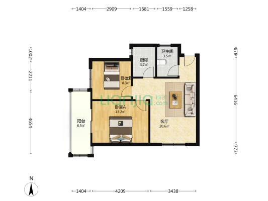 范阳路 带装修 两居89平，42万-户型图