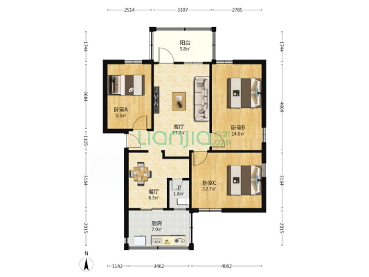 白莲路42号 3室2厅1卫 87平方