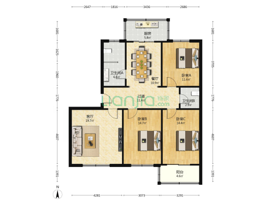 食品小区 3室2厅2卫 132平方