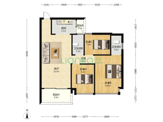 丰泽楼 3室1厅2卫 102平方